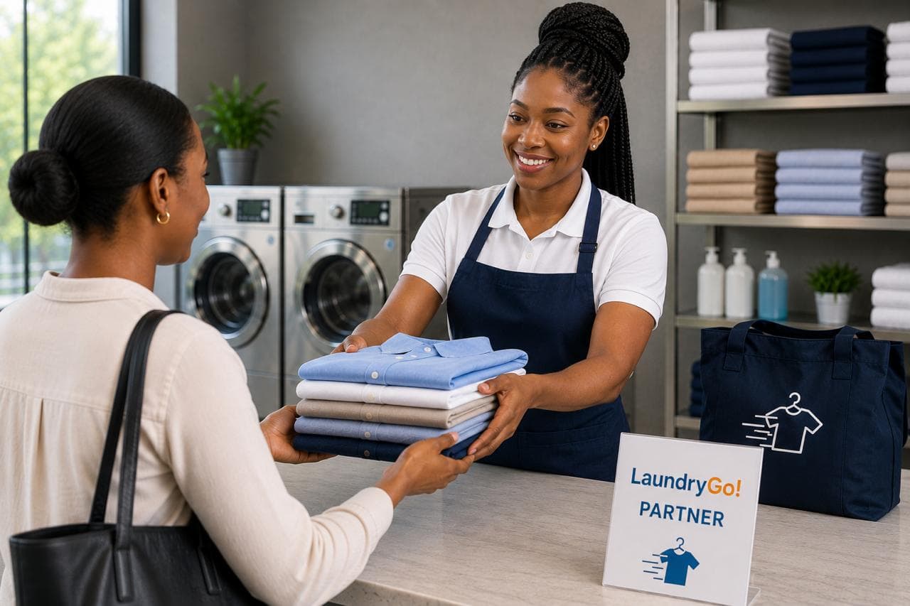 A LaundryGo partner handing folded laundry to a customer