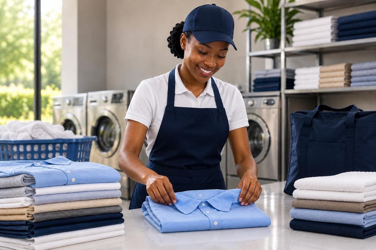 Vendor folding a freshly washed shirt