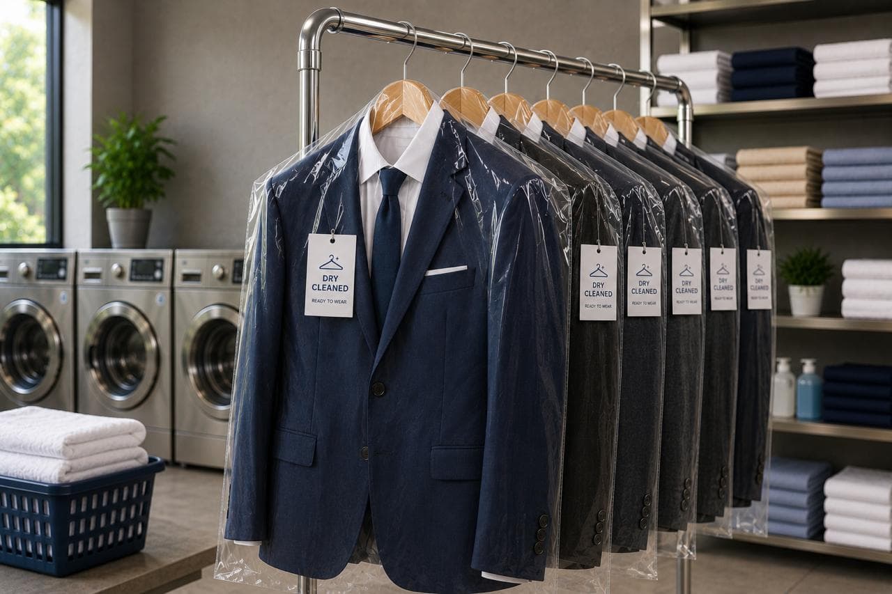 Dry-cleaned suits covered and ready for delivery