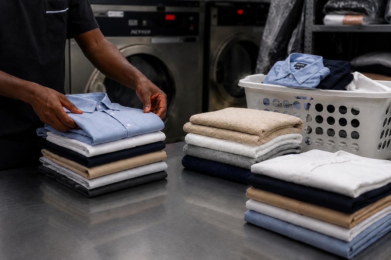 Vendor folding fresh laundry